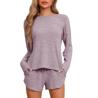 cheibear Women's Long Sleeve Top and Elastic Waistband Shorts with Pockets Pajamas Set