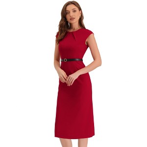 INSPIRE CHIC Women's Elegant Business Round Neck Belted Cap Sleeve Work Sheath Dresses - 1 of 4