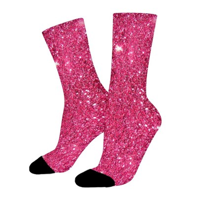 Hot Pink Glitter Women Printed Crew Socks Funny Funky Socks Soft Polyester Novelty Gifts for Artists Men
