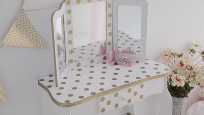 Pink and Gold Polka Dot Kids Vanity Set with Bench