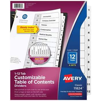 Avery Pre-Printed 12-Tab Numeric Dividers Customizable 11824