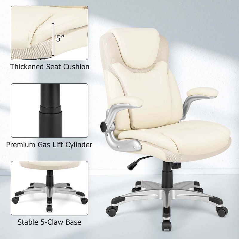 Costway Ergonomic Office Chair PU Leather Executive Swivel with Flip-up Armrests Beige, 5 of 11
