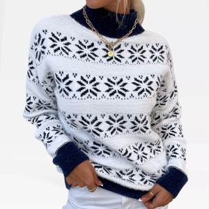 Womens Pullover Sweater Turtleneck Snowflakes Sweater Christmas Sweater Ribbed Knit Long Sleeve Sweater - 1 of 4