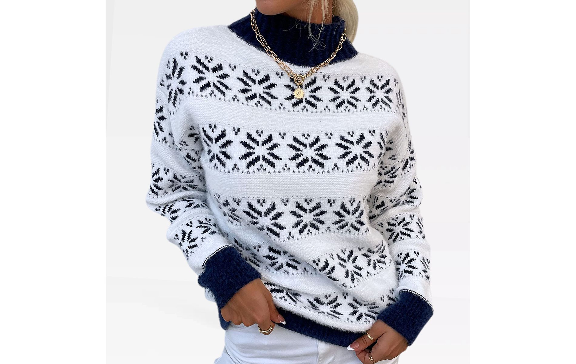 Womens Christmas Sweaters Pullover Mock Neck Snowflakes Sweaters Winter Warm Sweater Color Block Festive Outfits Ugly Christmas Sweaters, Navy - S