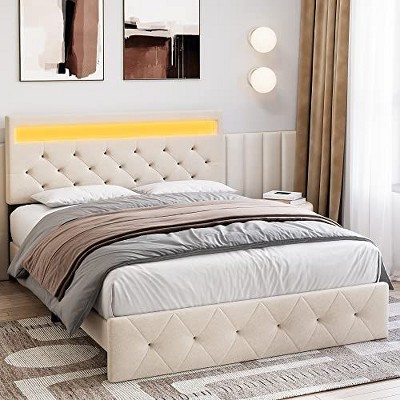 Full Size Bed Frame with Charging Station and LED Lights, Upholstered Bed Frame with Adjustable Headboard