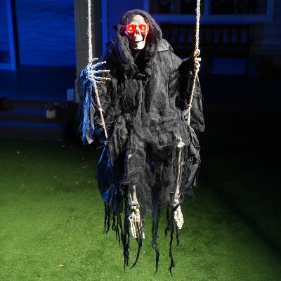 Joyfy 36" Halloween Hanging Swinging Skeleton with Robe for Halloween Decor, Floating Skeleton Prop Party Supplies Outdoor Decoration