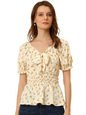 Allegra K Women's Summer Tie Neck Short Sleeve Smocked Waist Floral Print Blouses