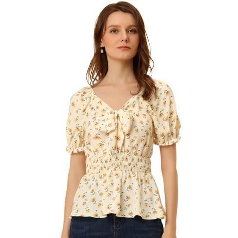 Allegra K Women's Summer Tie Neck Short Sleeve Smocked Waist Floral ...