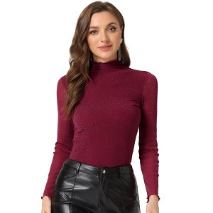 INSPIRE CHIC Women's Mesh Glitter Shiny Mock Turtleneck Long Sleeve Slim Party Shirts - 1 of 4