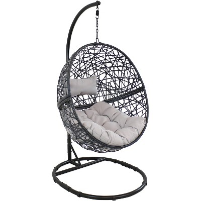 Sunnydaze Outdoor Resin Wicker Jackson Hanging Basket Egg Chair Swing with Cushions, Headrest, and Steel Stand Set - Gray - 3pc