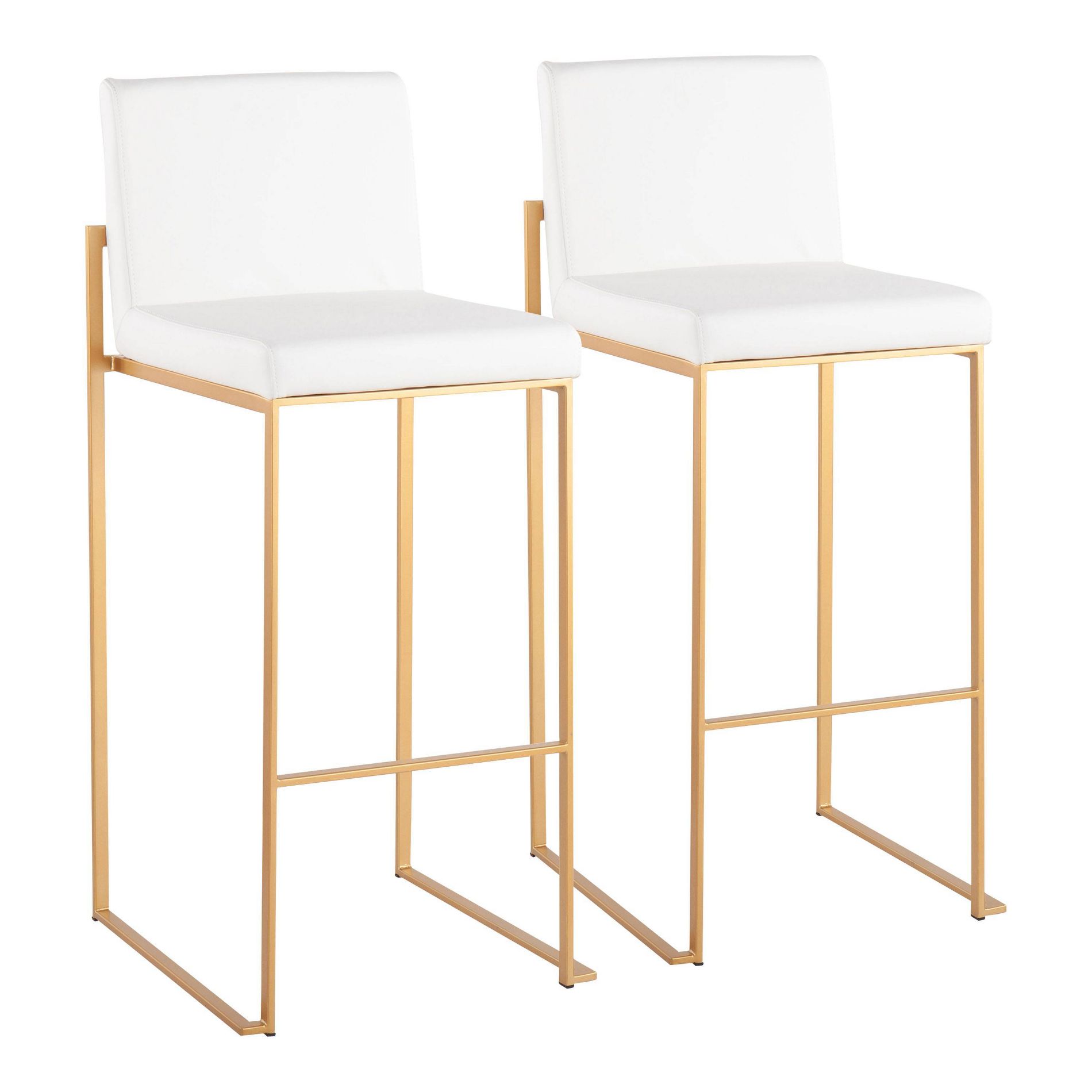 LumiSource Set of 2 Fuji High Back Stainless Steel/Faux Leather Barstools with Gold Legs White:: Upholstered, Fixed Height Counter Seating