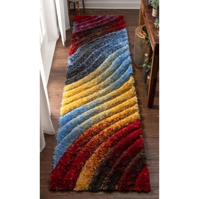 San Francisco Red and Blue Geometric Shag Runner Rug