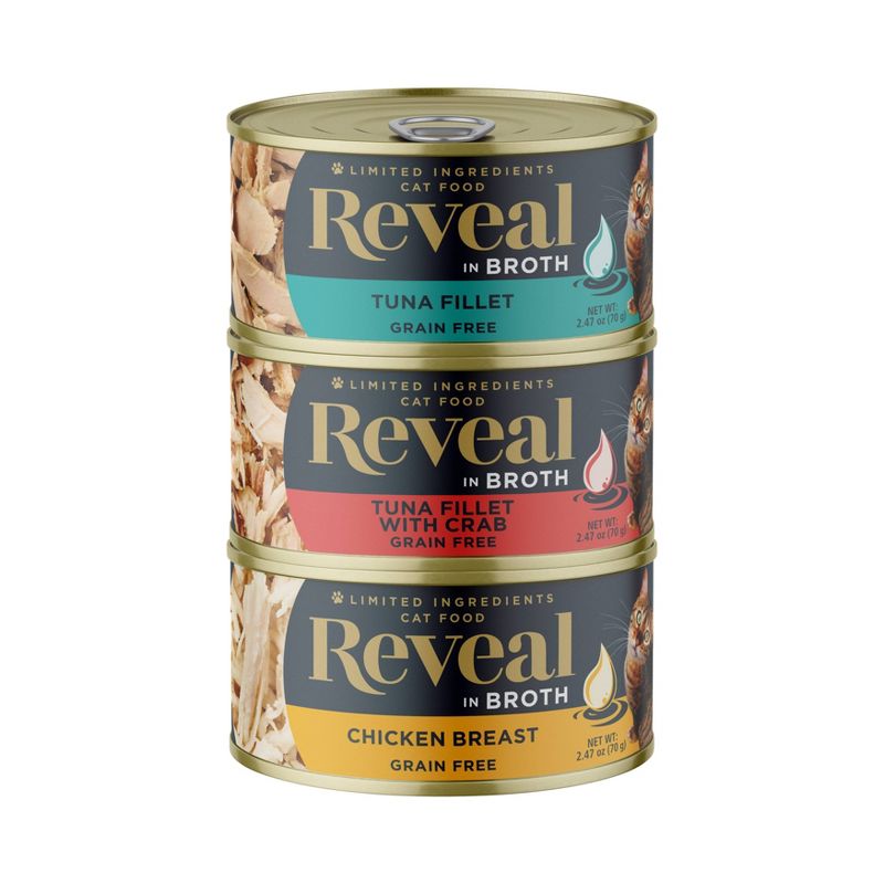 Reveal Pet Food Broth with Chicken, Crab and Tuna Can Wet Cat Food - 12pk/2.47oz Variety Pack, 3 of 7