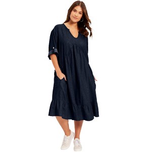 June + Vie by Roaman's Women's Plus Size Ruffled Denim Dress - 1 of 4