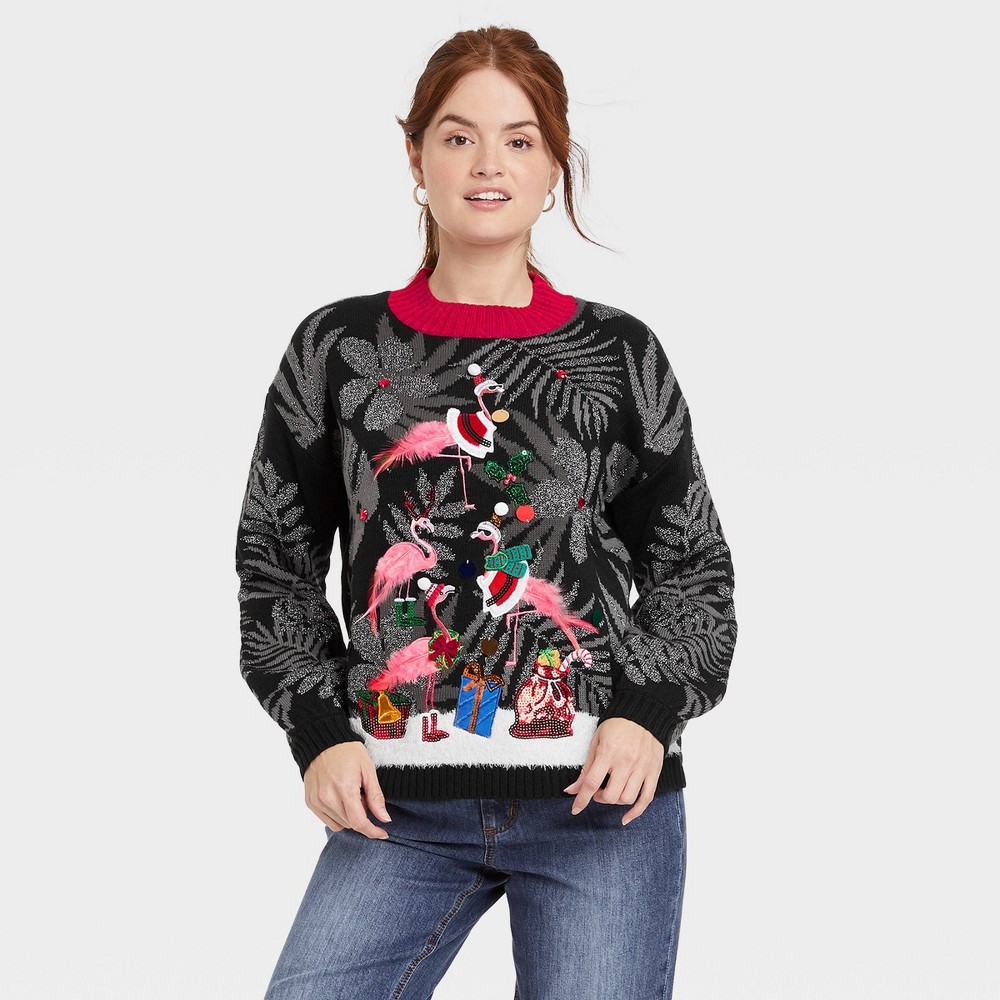 Women's Ugly Christmas Flamingo Tree Graphic Pullover Sweater - Black S