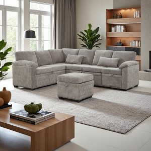 97" Chenille L-Shaped Convertible Sectional Sofa Bed with Ottoman - 1 of 4