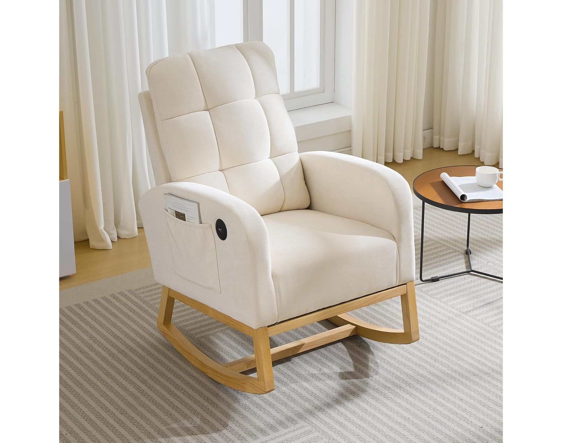 Acekool Nursery Rocking Chair, Mid Century Upholstered Recliner Glider with Side Pocket, USB Port, Comfortable Wood Legs