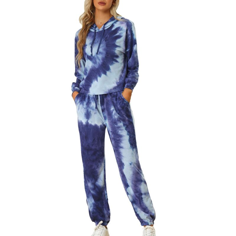 Allegra K Women's Tie Dye Pullover Hoodie Drawstring Jogging Sports 2 Pieces Outfit Sweatsuits, 1 of 6
