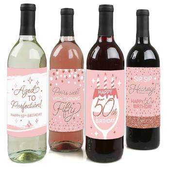 Big Dot of Happiness 50th Pink Rose Gold Birthday Party Decorations for Women and Men Wine Bottle Label Stickers 4 Ct