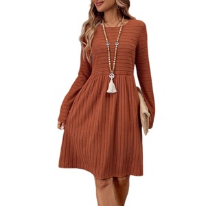 Womens Crew Neck Long Sleeve Midi Dresses 2025 Casual Ribbed Knit Knee Length Sweater Dress - 1 of 4