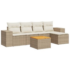 vidaXL Patio Sofa Set with Cushions Outdoor Furniture 6 Piece Poly Rattan - Beige and Cream - 1 of 4