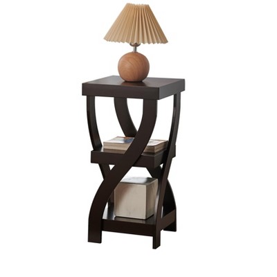 Espresso Finish Wood Square End Table with Curved Legs and Shelves
