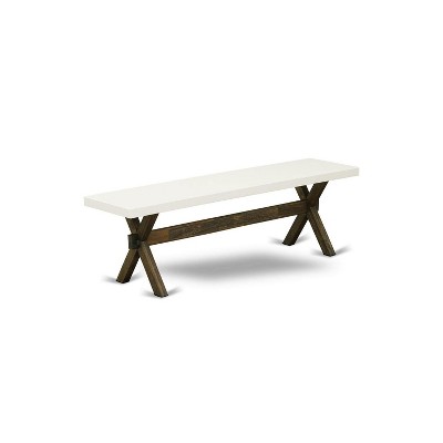 East West Furniture X-Style 15x60 in Dining Bench with Distressed Jacobean 418 Leg and Linen White Top finish