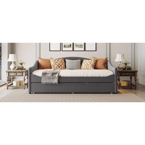 Okak Twin Teddy Fleece Daybed with Trundle Upholstered Trundle Bed Sofa Bed Frame with LED Frame for Living Room Bedroom Guest Room, Gray - 1 of 4