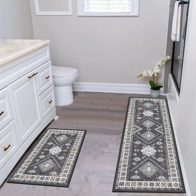 TOBILI Kitchen Rugs Sets 2 Piece,Non Slip Kitchen Rugs and Mats Non Skid Washable, Bohemian Kitchen Floor Mat Farmhouse for Hallway Entryway,gray