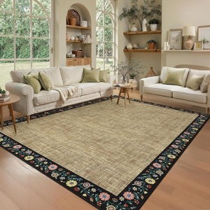 Area Rugs for Living Room Bedroom Modern Floral Bordered Rug Non-Slip Low Pile Accent Carpet Soft Foldable Rug Home Decor - 1 of 4