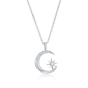 Bella Silver Sterling Silver Crescent Moon & North Star CZ Necklace - Silver - 16+2 Inch - 1 of 2