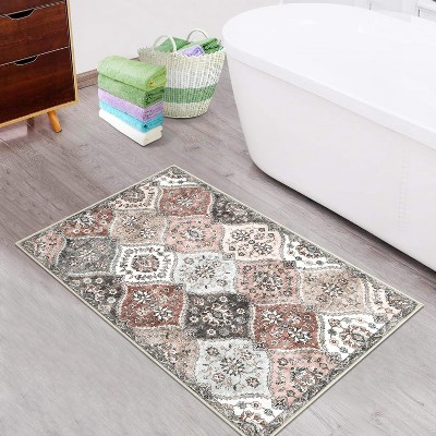 Washable  Area Rug, Non-Slip TPR Backing, Stain Resistant, Vintage Floral Design, Foldable Low Pile Accent Carpet for Living Room & Bedroom