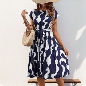 Coolmee Women's Caual Midi Dress Short Sleeve Crewneck A-line Swing Dress With Belt Dress - 1 of 4