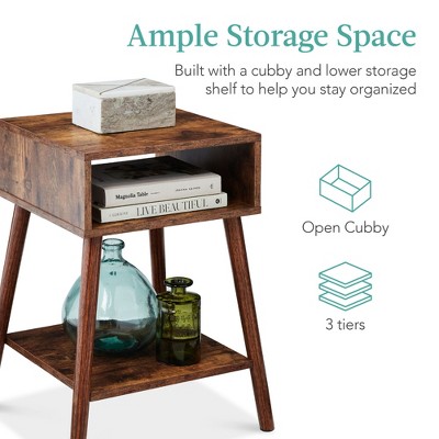 Set of 2 Brown Wood Mid-Century Modern End Tables with Cubby Storage