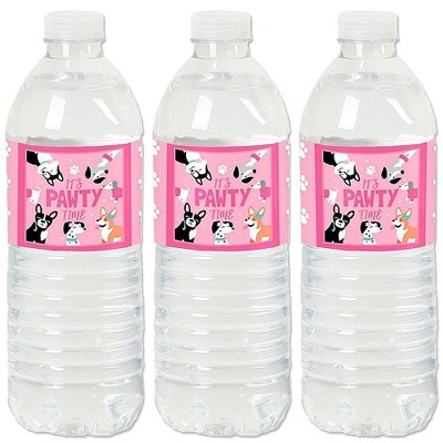 Big Dot of Happiness Pawty Like a Puppy Girl - Pink Dog Baby Shower or Birthday Party Water Bottle Sticker Labels - Set of 20
