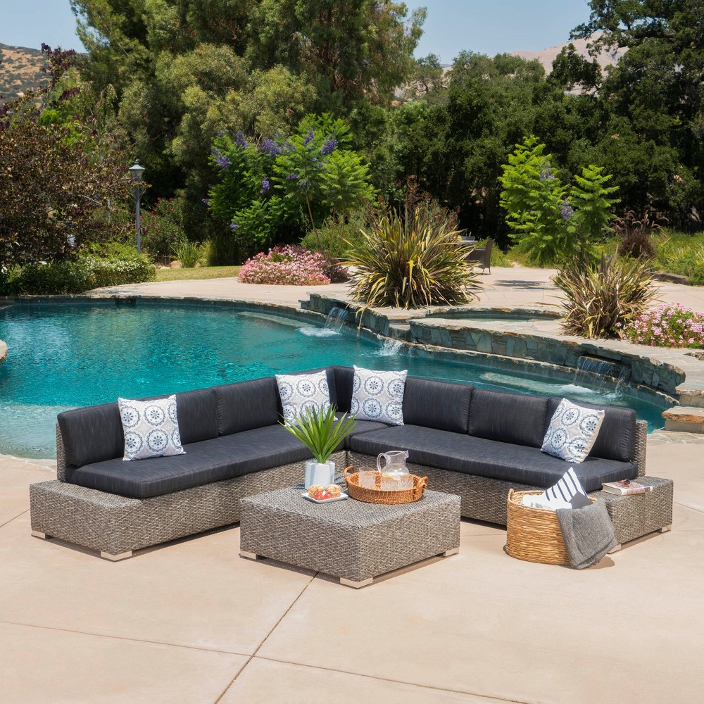 Puerta 4pc Wicker V Shaped Sectional Sofa Dark Gray Christopher Knight Home