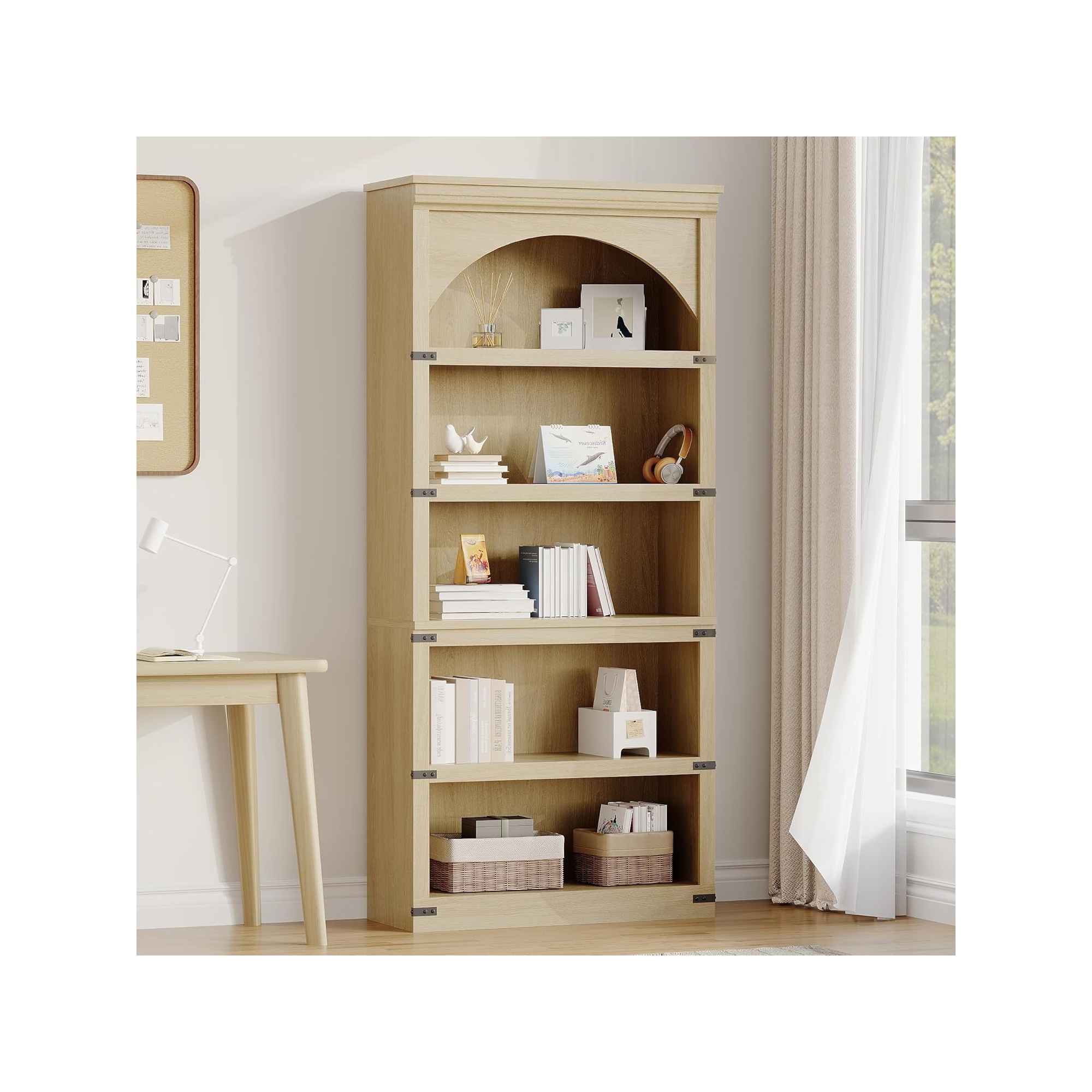 Arched Bookcase 5 Shelf Bookshelf 68.7" Tall Bookcase Farmhouse Curved Storage Rack Wooden Bookshelves for Home Office, Living Room Natural