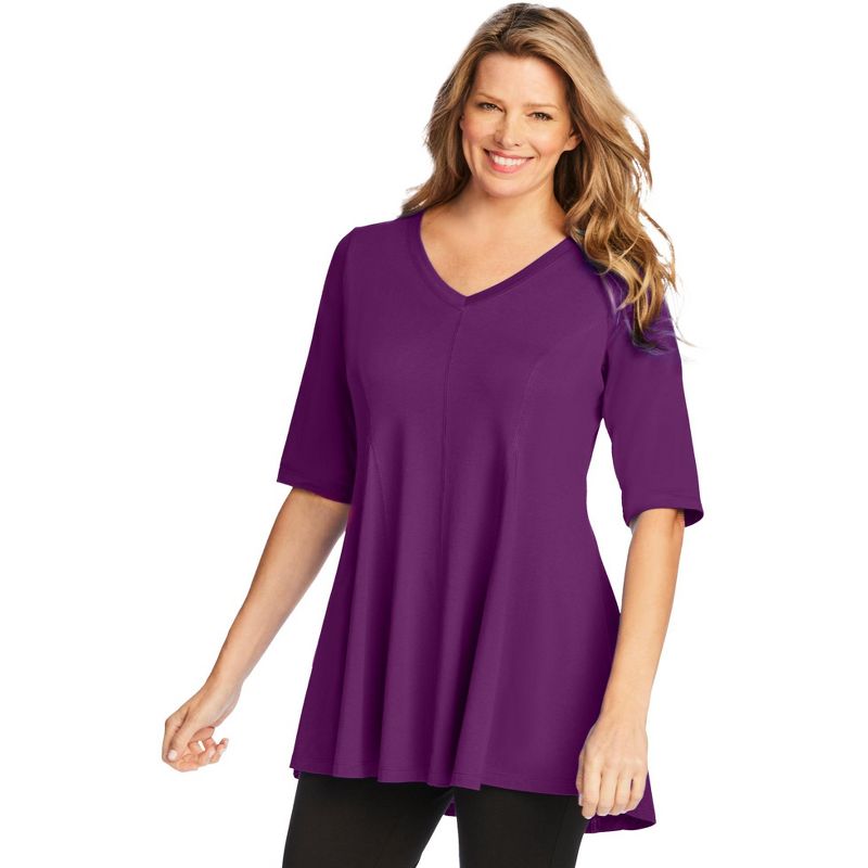 Woman Within Women's Plus Size Elbow Sleeve V-Neck Fit and Flare Tunic, 1 of 2