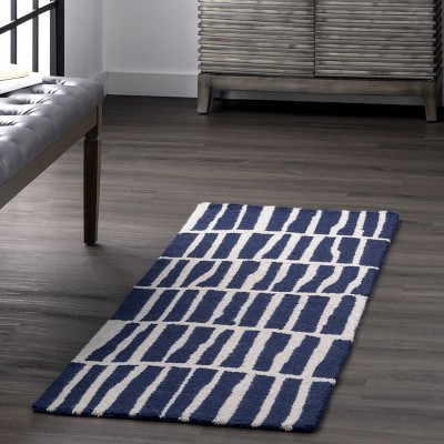 Navy and White Geometric Wool Tufted Runner Rug