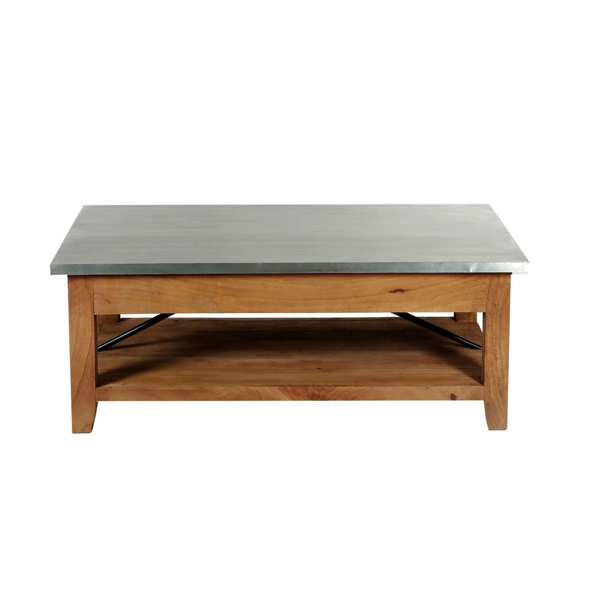 Millwork 48 in. Coffee Table with Lower Shelf, Modern Industrial Style with Silver Zinc Metal Tabletop and Wood Accents - thumbnail 2