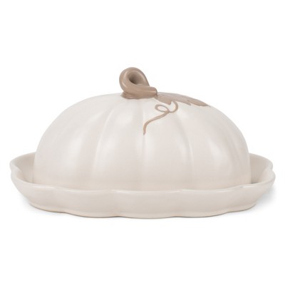 Nat & Jules Pumpkin Shaped 8 x 6 Inch Ceramic Scalloped Covered Lid Butter Dish: Perfect for decorating table settings for Thanksgiving, Halloween &