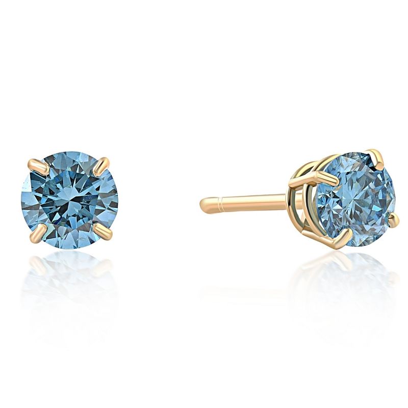 Pompeii3 1/2ct Blue Lab Created Diamond Studs 14K Yellow Gold Earrings, 2 of 4