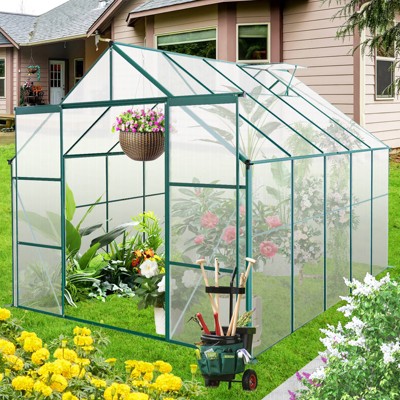 73.75"8X6FT-Green Double Door Polycarbonate Greenhouse Raised Base and Anchor Aluminum Heavy Duty Walk-in Greenhouses
