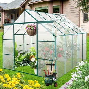73.75"8X6FT-Green Double Door Polycarbonate Greenhouse Raised Base and Anchor Aluminum Heavy Duty Walk-in Greenhouses - 1 of 4