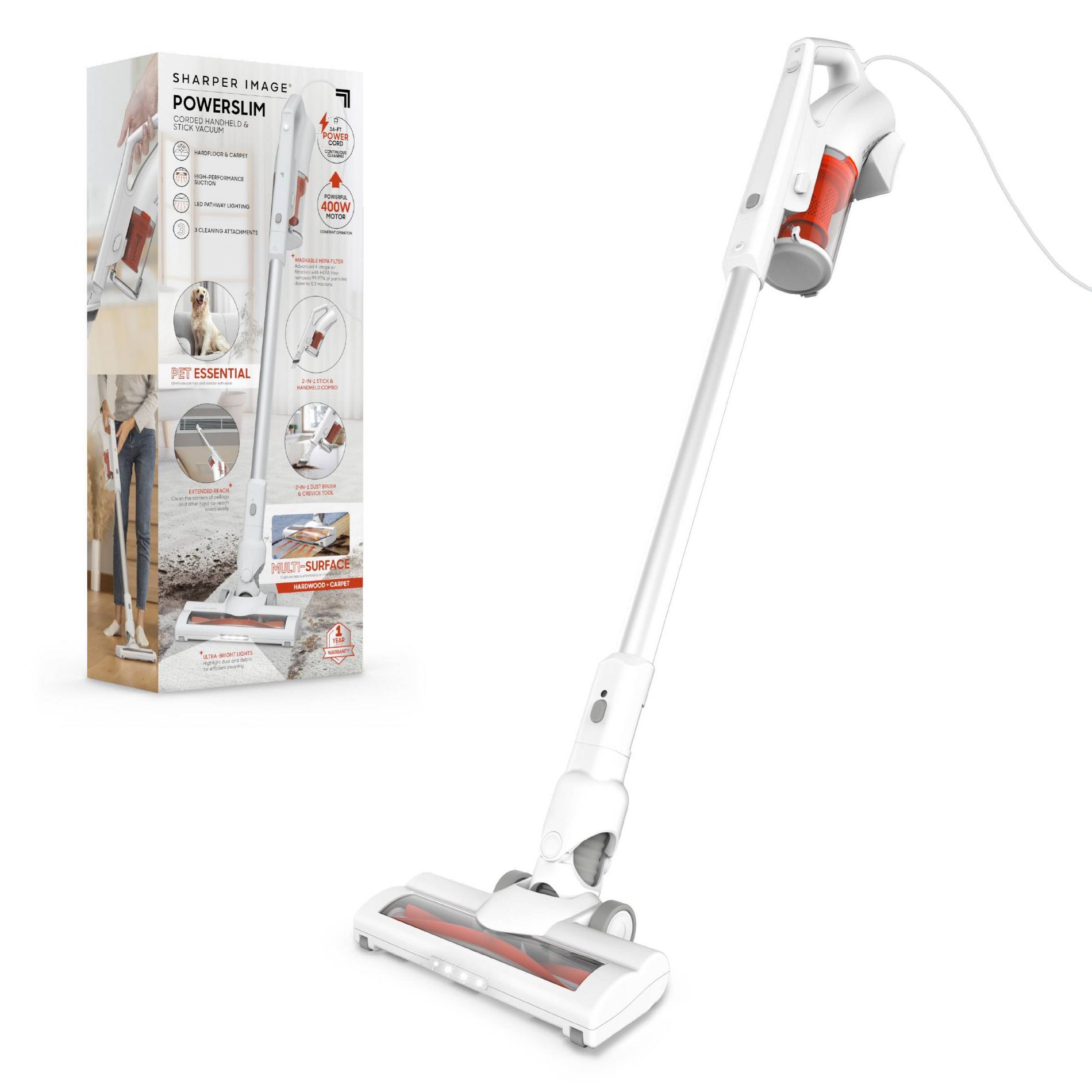 Sharper Image Powerslim Corded Handheld and Stick Vacuum White