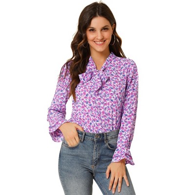 Allegra K Women's Floral Tie V Neck Chiffon Ruffle Trumpet Sleeve Blouse