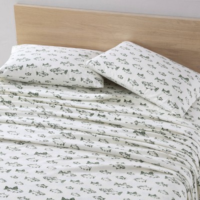 Twin Patterned Flannel Sheet Set Green School of Fish
