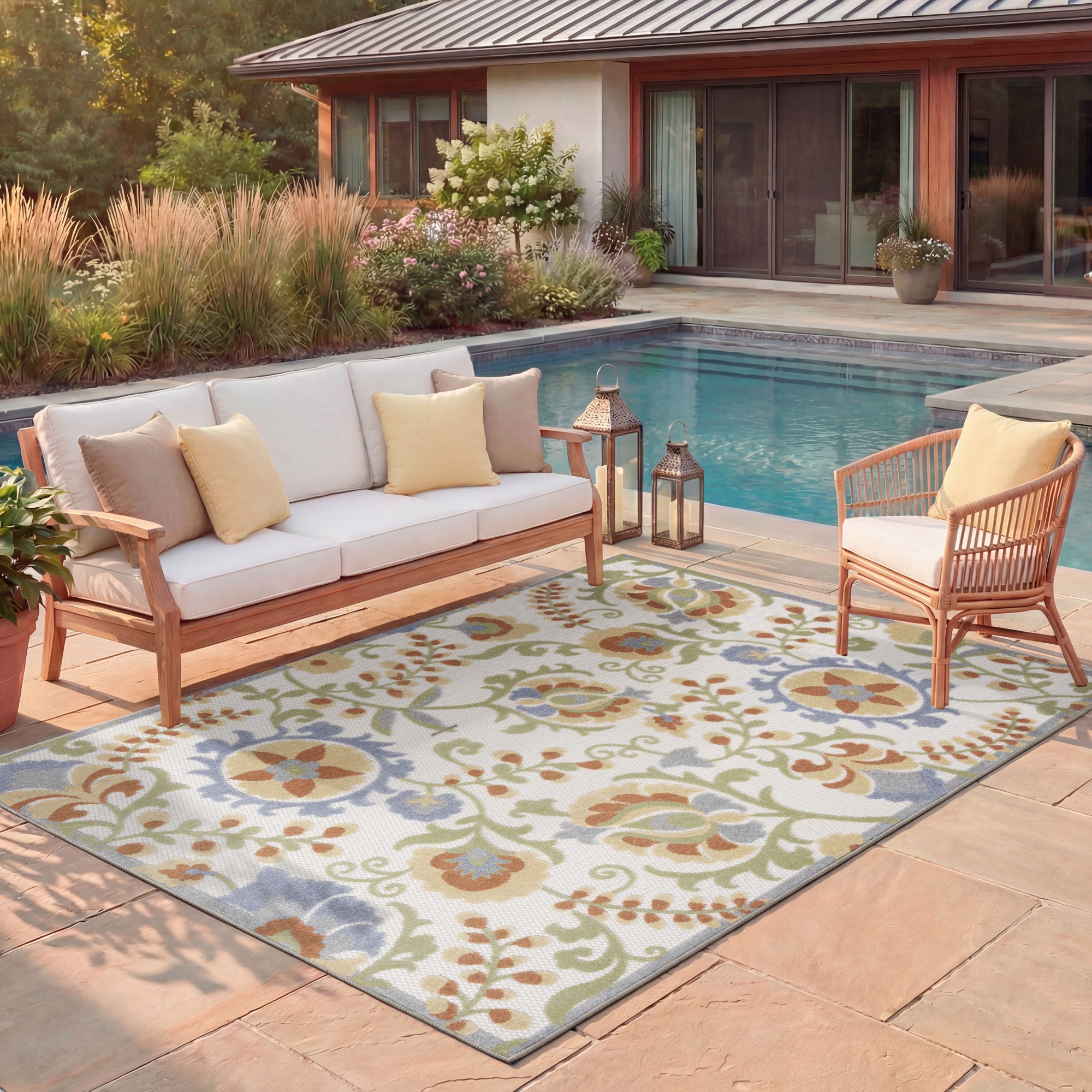 Nourison Aloha Floral Textured Flatweave High-Low Indoor Outdoor Area Rug Ivory Blue 3'6" x 5'6"