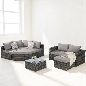 8-Piece Outdoor Wicker Sofa Set with Curved Sofa & Sectional L- Shaped Patio Furniture & Patio Conversation Set Coffee Table, Rattan & Cushions - 1 of 4