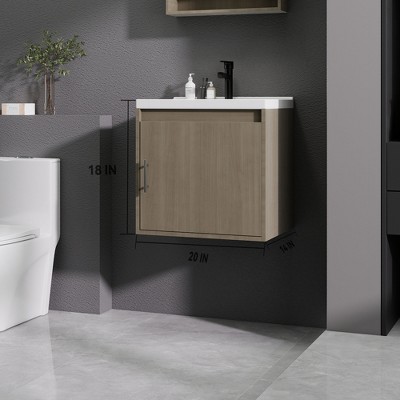 KTMBDW Floating Bathroom Vanity with Sink, Single Sink Wall Mounted Bathroom Vanity, White Ceramic Basin Top for Small Space
